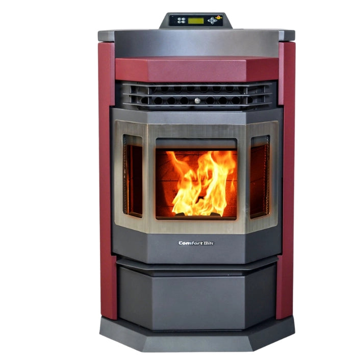 Wood-burning stove with visible flames on a white background