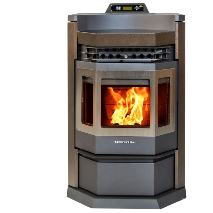 Corner-mounted pellet stove with visible flames on a white background