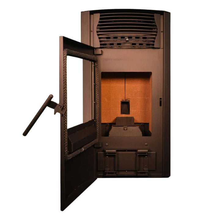 Brown metal safe with open door on a white background