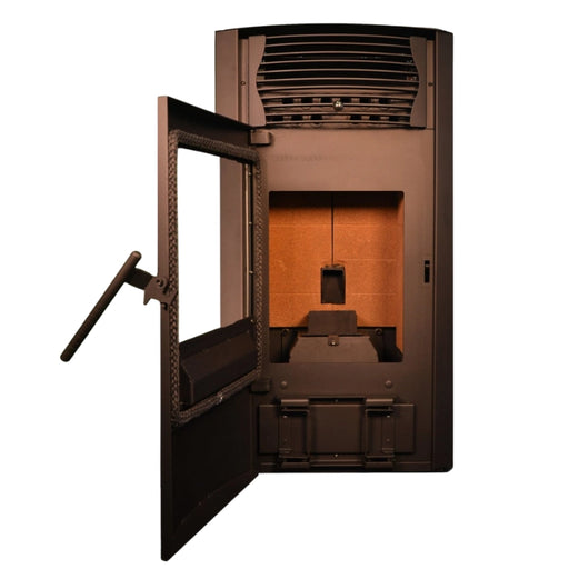 Brown metal safe with open door on a white background
