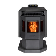 Black pellet stove with visible flame on a white background