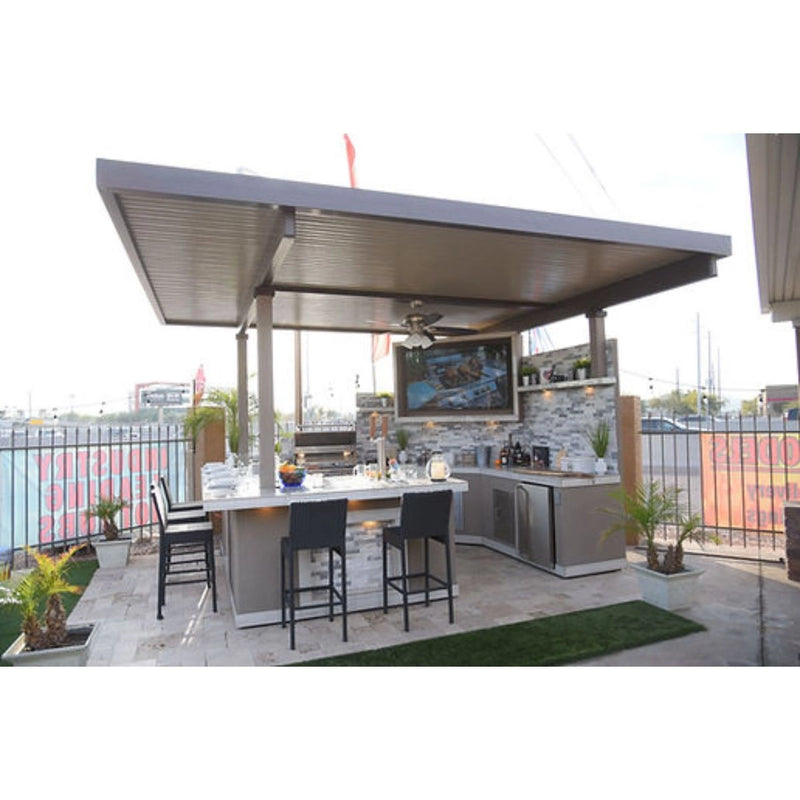 Kokomo Grills Best Outdoor Kitchen Bermuda BBQ Island with pergola, oversized TV, stainless steel storage, and built-in fire pit.