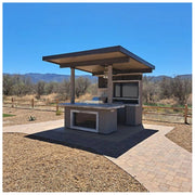 Kokomo Grills Baja W/ Top outdoor kitchen with dual BBQ islands, 32-inch grill, aluminum patio cover, and built-in TV and refrigerator.