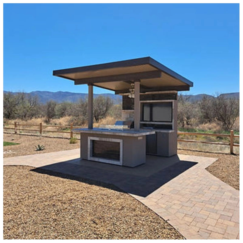 Kokomo Grills Baja W/ Top outdoor kitchen with dual BBQ islands, 32-inch grill, aluminum patio cover, and built-in TV and refrigerator.