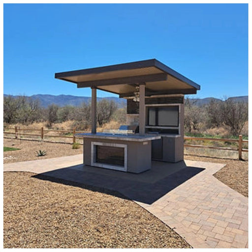 Kokomo Grills Baja W/ Top outdoor kitchen with dual BBQ islands, 32-inch grill, aluminum patio cover, and built-in TV and refrigerator.