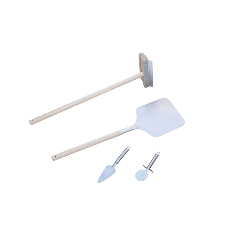 Kokomo Grills 32 Inch Dual Fuel Pizza Oven four-piece accessory kit with wooden handles and stainless steel tools for outdoor cooking.