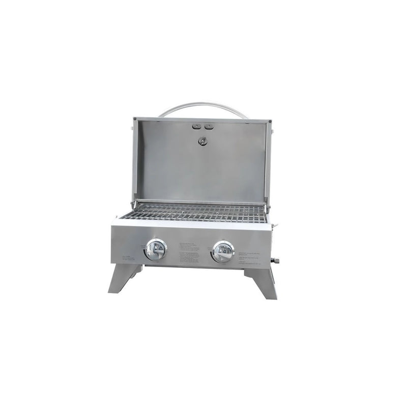 Kokomo Grills On The Go portable stainless steel grill with dual knobs, carry handle, and 266.5 sq. inch cooking surface
