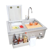 Kokomo Grills 30" Built-In Bartender Cocktail Station with 304 stainless steel, farmhouse sink, faucet, ice chest, bottle opener, and bamboo board.