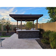 Kokomo Grills Aruba BBQ Island with 12' x 12' pergola, stucco finish, stone accents, tile countertop, and built-in grill.