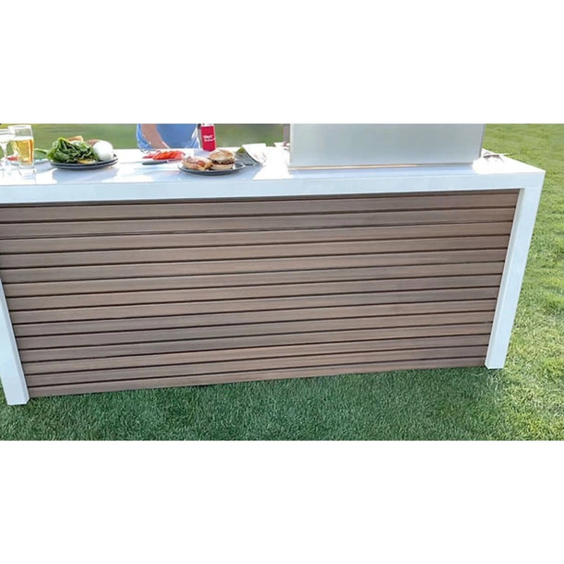 Kokomo Grills Classic Shiplap Outdoor Kitchen with 7'6" shiplap composite siding and white porcelain tile waterfall edge countertop.