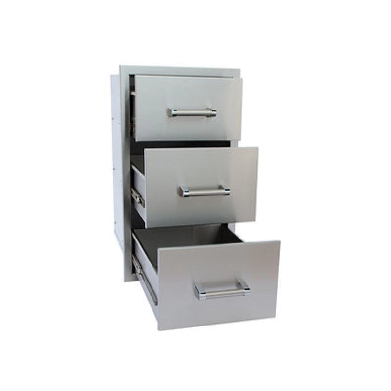 Kokomo Grills Outdoor Kitchen Stainless Steel Triple Drawer KO-TD18 with polished bar handles and self-closing deep drawers