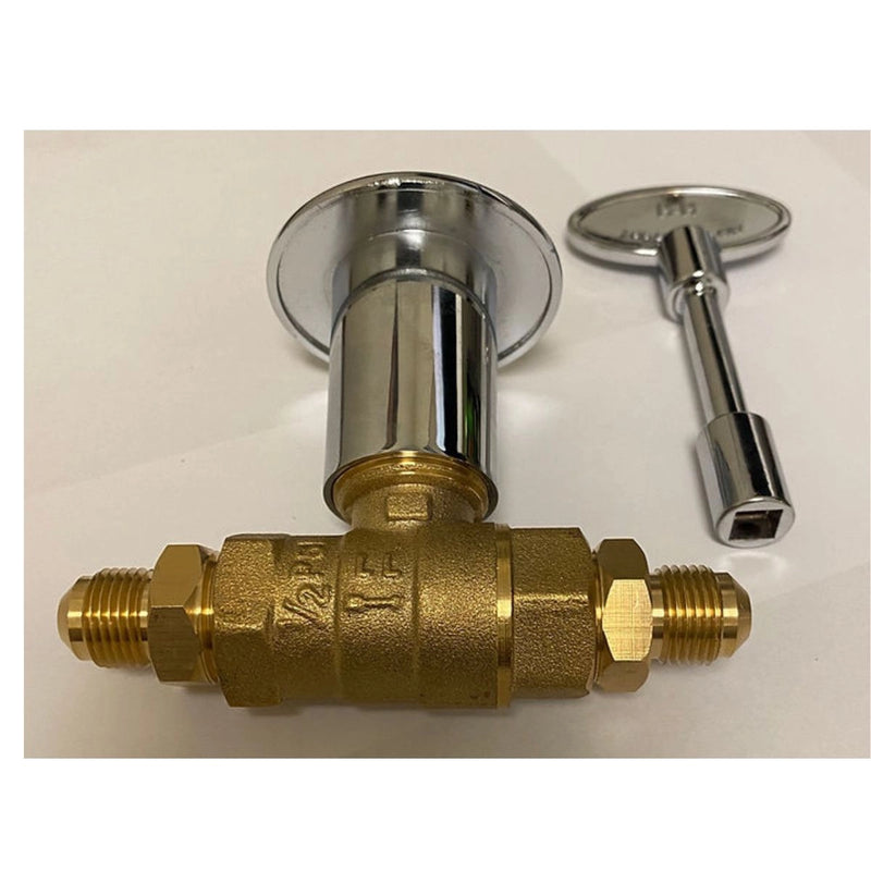 KoKoMo Grills Key Valve Assembly 3/8 Inch Flare Fitting Ball Valve with brass body, stainless key, and versatile gas line fittings.