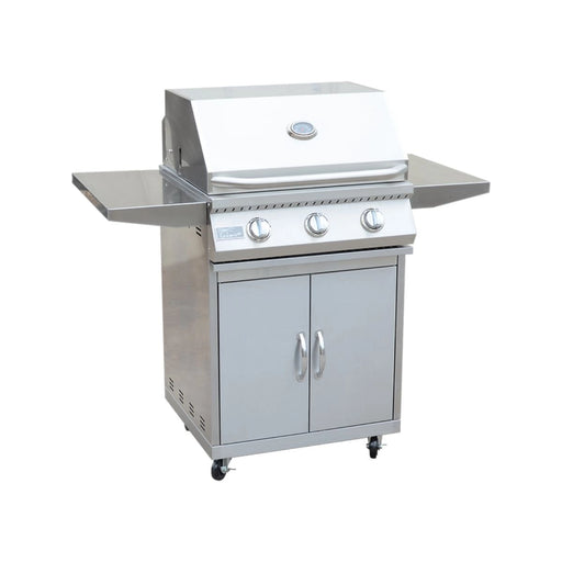 Kokomo Grills 3 Burner 26 inch cart model BBQ grill in stainless steel with locking casters, temperature gauge, and side shelves.