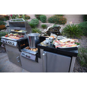 Kokomo Grills Power Burner 4 Burner 32 inch Built-In BBQ Grill Island with stainless steel burners, wok burner, fridge, and granite countertop.