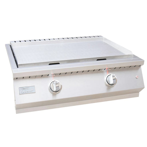 Kokomo Grills Professional Griddle 30 Inch stainless steel outdoor kitchen flat grill with dual illuminated control knobs and grease tray.