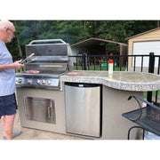 Kokomo Grills Maui 7'6" BBQ Island with 33" round bar, 4-burner grill, stainless steel fridge, porcelain tile countertop, and LED lights