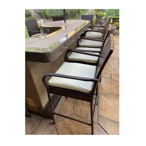 Kokomo Grills Rattan Outdoor Bar Stools 2 Pack with armrest, footrest, cushioned seats, and wicker finish for patio bars.