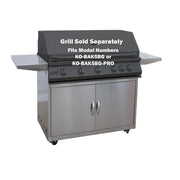 Kokomo Grills Cart Models stainless steel grill cart with side shelves, two access doors, and caster wheels for mobility.