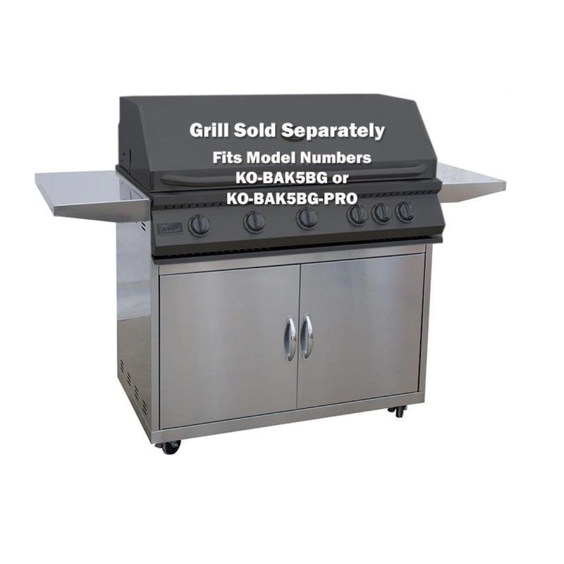 Kokomo Grills Cart Models stainless steel grill cart with side shelves, two access doors, and caster wheels for mobility.