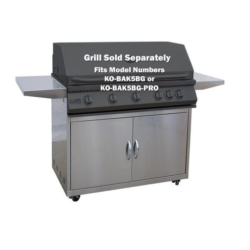 Kokomo Grills Cart Models stainless steel grill cart with side shelves, two access doors, and caster wheels for mobility.