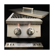 Kokomo Grills Professional Double Side Burner with dual 12,000 BTU stainless steel burners, illuminated knobs, and removable cover.