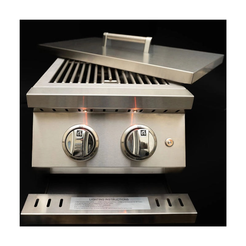 Kokomo Grills Professional Double Side Burner with dual 12,000 BTU stainless steel burners, illuminated knobs, and removable cover.