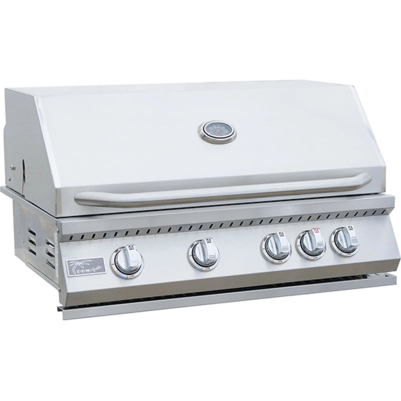Kokomo Grills Aruba BBQ Island 32" 4-burner stainless steel built-in grill with front knobs and temperature gauge.