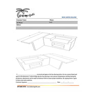 Kokomo Grills Havana L-Shape BBQ Island with 4'x5' porcelain tile countertop, built-in 4 burner grill, and 5' bar seating in galvanized steel.