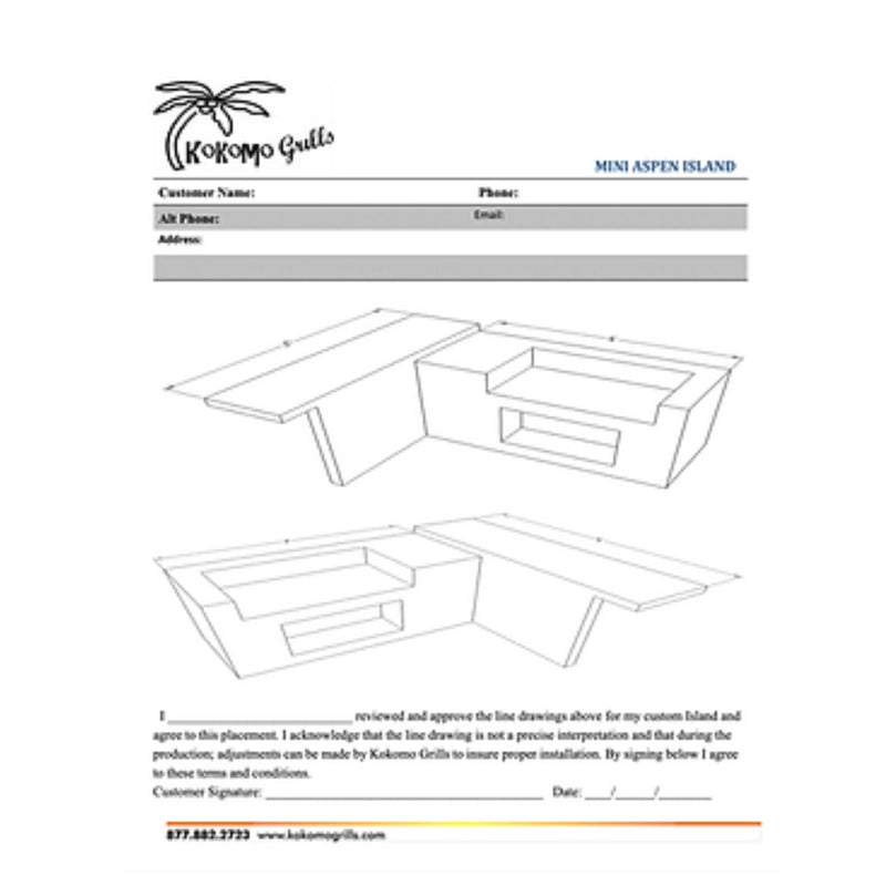 Kokomo Grills Havana L-Shape BBQ Island with 4'x5' porcelain tile countertop, built-in 4 burner grill, and 5' bar seating in galvanized steel.