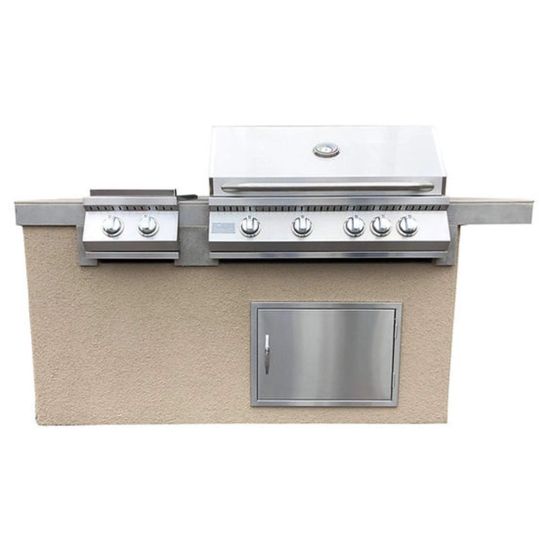 Kokomo Grills Antigua 6' BBQ Island with 4 burner stainless steel grill, double side burner, stucco finish, and storage door.