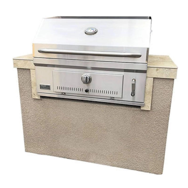 Kokomo Grills St. Martin 4' Charcoal Built In BBQ Island with 32" stainless steel grill, stucco finish, and tile countertop.