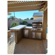 Kokomo Grills Aspen BBQ Island with 4 burner grill, Spectrum Brown stucco, tile countertop, fridge, and stainless steel storage.