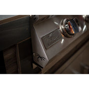 Kokomo Grills Elite 6' BBQ Island with driftwood composite siding and stainless steel 4-burner grill control panel close-up.