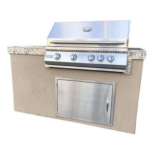 Kokomo Grills The 5' Maldives BBQ Island with 4 burner stainless steel built-in grill, tile countertop, and access door in Spectrum Brown.