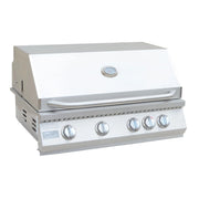 Kokomo Grills Let's Get Grilling Kombo Pack built-in 4 burner stainless steel grill with control knobs and thermometer on lid.