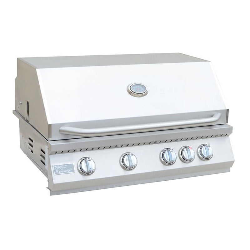 Kokomo Grills Let's Get Grilling Kombo Pack built-in 4 burner stainless steel grill with control knobs and thermometer on lid.