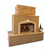 Kokomo Grills Tuscan 6' Outdoor Fireplace with tan stone finish, 18" gas log set, stainless steel access door, and LP/NG/wood fuel options.