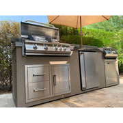 Kokomo Grills 5 Burner Griddle Combo Drawer Fridge Outdoor Kitchen with stainless steel grill, drawers, refrigerator, and umbrella shade