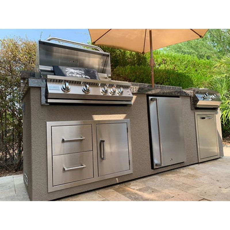 Kokomo Grills 5 Burner Griddle Combo Drawer Fridge Outdoor Kitchen with stainless steel grill, drawers, refrigerator, and umbrella shade