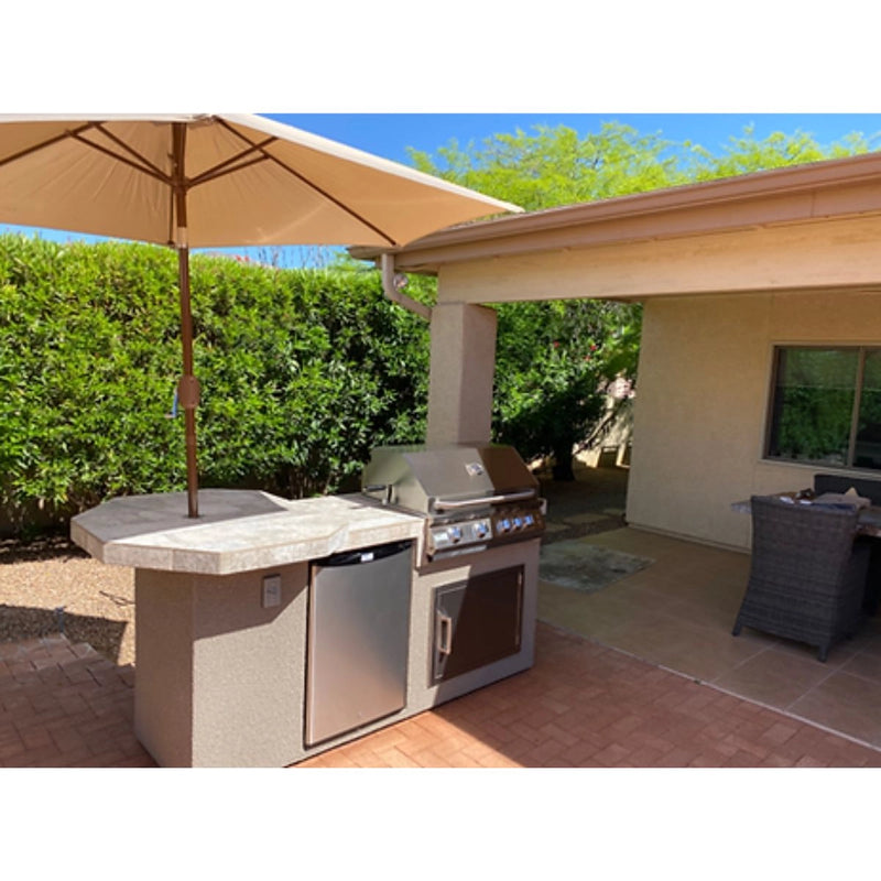 Kokomo Grills Poly 7'6" BBQ Island in Spectrum Brown with octagon bar, 4 burner grill, outdoor fridge, tile countertop, and under-counter lighting.