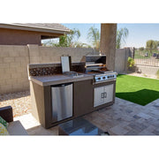 Kokomo Grills Bali 7'6" Island with Backsplash and Built In BBQ Grill in Spectrum Brown stucco with stainless steel fridge and 4-burner grill.