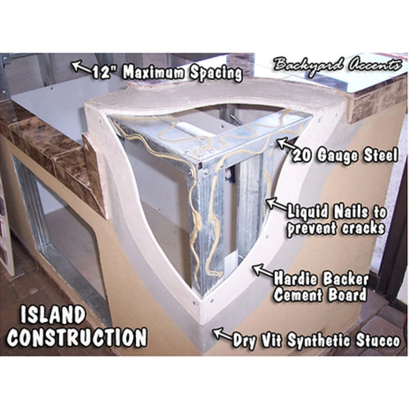 Kokomo Grills St. John 7'6" BBQ Island with Spectrum Brown stucco finish, tile countertop, and high bar overhang on three sides.