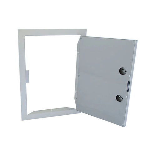 Kokomo Grills 14x20 Reversible Stainless Steel Access Door with polished handles and dual wall construction for outdoor kitchens.