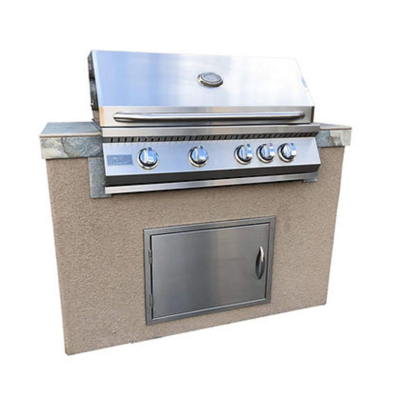 Kokomo Grills Panama 4' BBQ Island with 4 Burner 32" stainless steel built-in grill, stucco finish, tile countertop, and access door.