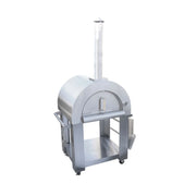 Kokomo Grills 32” Wood Fired Stainless Steel Pizza Oven with built-in temperature gauge, ash tray, and oven cart on wheels.
