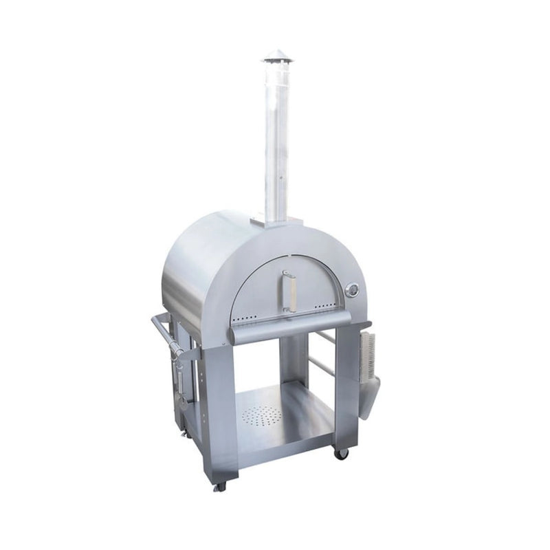 Kokomo Grills 32” Wood Fired Stainless Steel Pizza Oven with built-in temperature gauge, ash tray, and oven cart on wheels.