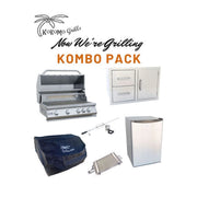 Kokomo Grills Now We're Grilling Kombo Pack with 4-burner stainless steel grill, fridge, rotisserie, sear burner, and grill cover.