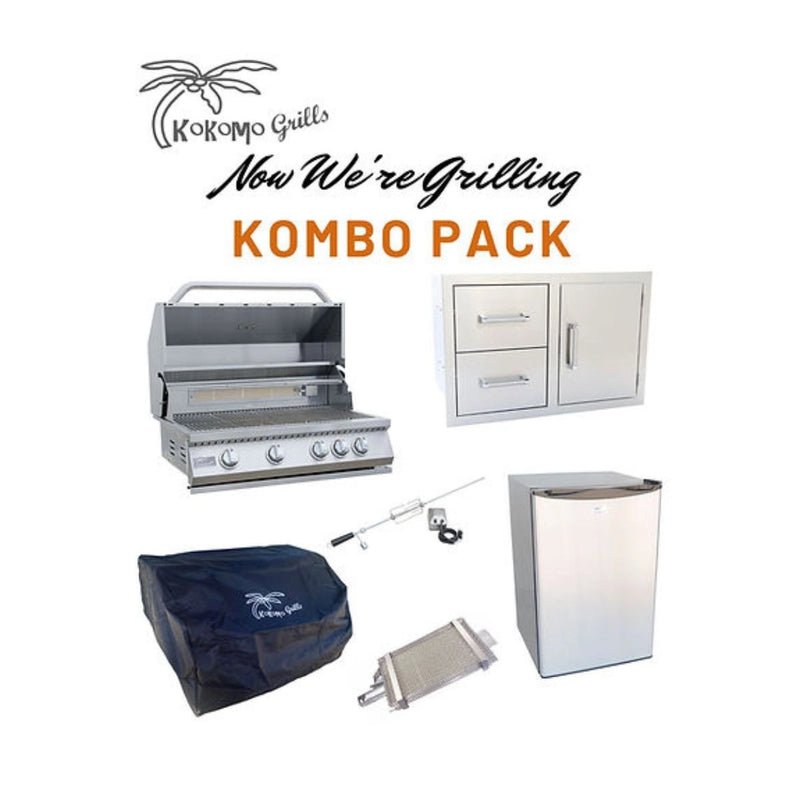 Kokomo Grills Now We're Grilling Kombo Pack with 4-burner stainless steel grill, fridge, rotisserie, sear burner, and grill cover.
