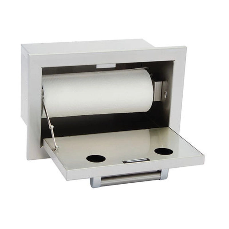 Kokomo Grills Outdoor Kitchen Stainless Steel Paper Towel Holder with enclosed design, polished bar handle, vertical or horizontal mounting.