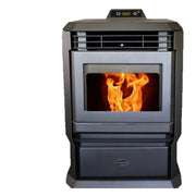 Black pellet stove with visible flames on a white background